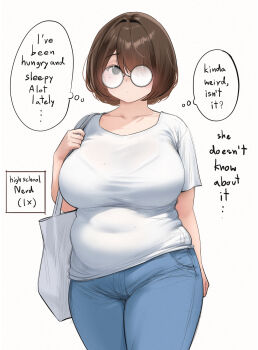Rule 34 | ..., 1girl, blue pants, breasts, brown hair, closed mouth, collarbone, commentary, covered navel, cowboy shot, dot mouth, english commentary, english text, glasses, hair over one eye, highres, huge breasts, judies (judynharmonia), looking at viewer, medium hair, mole, mole on breast, mole on stomach, mole under eye, original, pants, plump, shirt, short sleeves, simple background, solo, speech bubble, thick thighs, thighs, thought bubble, white background, white shirt