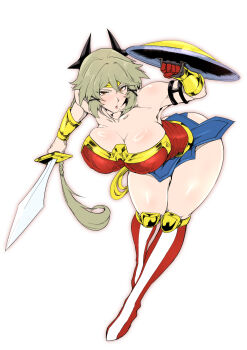 1girl absurdres bare_shoulders black_horns boots bracer breasts caesar_king_(zenless_zone_zero) cleavage collarbone comic_hand cosplay crossover curvy dc_comics dynamic_pose gold_bracer gold_headband gold_tiara green_hair headband highres holding holding_shield holding_sword holding_weapon horns huge_breasts jewelry leotard lips long_hair looking_at_viewer parted_lips ponytail red_boots shield simple_background skirt solo superhero_costume sword thick_thighs thighs tiara weapon white_background wide_hips wonder_woman wonder_woman_(cosplay) yellow_eyes zenless_zone_zero