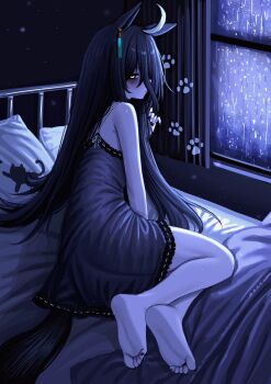 1girl absurdres animal_ears bags_under_eyes barefoot black_hair black_nails blush curtains dress ear_tag earrings grey_dress hair_between_eyes hand_in_own_hair hand_up highres horse_ears horse_girl horse_tail jewelry lobsteranian long_hair long_hair_between_eyes looking_at_viewer manhattan_cafe_(umamusume) multicolored_hair nail_polish on_bed pillow rain red_eyes single_earring sitting sleeveless sleeveless_dress solo spaghetti_strap tail umamusume very_long_hair water_drop white_hair window yellow_eyes yokozuwari