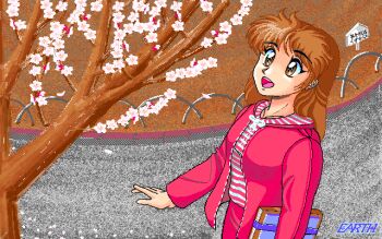Rule 34 | 1girl, :d, arms at sides, artist logo, box, brown eyes, brown hair, cherry blossoms, dated commentary, dorsiflexion (wrist), earth (earth cg gallery), flower, holding, holding box, jacket, logo, long hair, looking up, open clothes, open jacket, open mouth, original, outdoors, pants, pc-98 (style), pink jacket, pink pants, pixel art, shirt, signpost, smile, solo, spring (season), standing, striped clothes, striped shirt, teeth, tree, upper teeth only, white flower