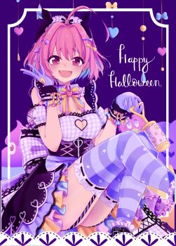 1girl absurdres ahoge beret blue_hair blush bow braid breasts cleavage clothing_cutout colored_inner_hair commentary corset detached_sleeves dress fang garter_straps gloves gradient_bow hair_ornament hair_ribbon halloween happy_halloween hat hat_bow heart heart_cutout highres holding holding_rattle idolmaster idolmaster_cinderella_girls idolmaster_cinderella_girls_starlight_stage large_breasts light_blue_hair looking_at_viewer medium_hair multicolored_hair nroc open_mouth pill_print pink_bow pink_eyes pink_hair plaid_bow plaid_clothes plaid_dress purple_background purple_bow purple_corset purple_gloves purple_hat purple_ribbon purple_sleeves purple_thighhighs rattle ribbon sitting smile solo star_(symbol) star_hair_ornament striped_clothes striped_thighhighs thighhighs thighs two-tone_hair yellow_bow yumemi_riamu