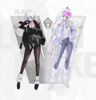 2girls absurdres alternate_costume black_dress black_jacket black_shoes blue_pants boots breasts brown_pantyhose cleavage denim dress full_body fur-trimmed_boots fur_trim goddess_of_victory:_nikke highres jacket jeans liliweiss_(nikke) long_sleeves loose_socks migu_(iws2525) multicolored_jacket multiple_girls pants pantyhose pilgrim_symbol_(nikke) shiny_eyes shoes smile snow_white_(nikke) socks star-shaped_pupils star_(symbol) symbol-shaped_pupils v white_hair white_shoes white_socks yellow_eyes