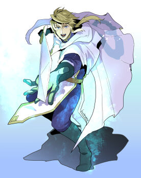 1boy blonde_hair blue_background blue_eyes blue_pants blue_shirt boots cape character_request check_character commentary_request erhardt_(octopath_traveler) full_body gloves green_boots green_gloves highres holding holding_sword holding_weapon kachidama long_hair looking_at_viewer male_focus octopath_traveler open_mouth outstretched_arm pants shirt solo standing sword weapon white_cape