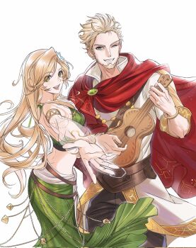 1boy 1girl bare_shoulders beard black_pants blonde_hair blue_flower breasts brown_eyes chinstrap_beard cloak collared_shirt commentary cowboy_shot crop_top dancer detached_sleeves facial_hair flower gem gold_bangle gold_trim goodwin_(octopath_traveler) green_gem green_shirt green_skirt grin hair_flower hair_ornament highres holding holding_instrument instrument keta040429 long_hair long_skirt medium_breasts midriff music octopath_traveler octopath_traveler:_champions_of_the_continent octopath_traveler_0 one_eye_closed open_mouth outstretched_hand pants parted_bangs playing_instrument red_cloak robe saoirse_(octopath_traveler) see-through_clothes see-through_sleeves shirt short_hair skirt smile symbol-only_commentary teeth white_background white_robe