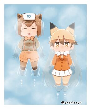 10s 2girls :/ :3 :d =_= afloat animal_ears artist_name bad_id bad_pixiv_id black_gloves blazer blonde_hair blush border bow bowtie brown_hair brown_legwear brown_shorts capriccyo capybara_(kemono_friends) capybara_ears chibi closed_mouth ezo_red_fox_(kemono_friends) fox_ears fox_tail from_above full_body fur_trim gloves green_shirt hair_between_eyes highres jacket japari_symbol japari_symbol_print kemono_friends long_hair long_sleeves multicolored_hair multiple_girls necktie open_mouth orange_bow orange_bowtie pantyhose pleated_skirt ripples shirt shorts skirt smile steam streaked_hair suspenders tail towel towel_on_head twitter_username two-tone_hair very_long_hair water white_bow white_bowtie white_shirt white_skirt yellow_legwear yellow_necktie