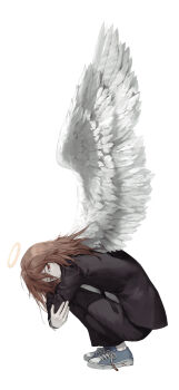 1boy angel angel_devil_(chainsaw_man) angel_wings black_jacket black_pants blood_on_shoes blue_shoes chainsaw_man commentary_request drawagaingo feathered_wings full_body halo highres jacket long_hair male_focus pants red_eyes shoes simple_background socks solo spread_wings squatting suit_jacket traditional_halo white_background white_socks white_wings wings