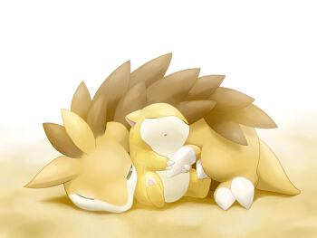 closed_eyes evolutionary_line fenvix_04is gen_1_pokemon half-closed_eyes hands_on_another&#039;s_hand lying nintendo no_humans on_stomach one_eye_closed open_mouth pokemon pokemon_(creature) sand sandshrew sandslash sitting sleeping sleeping_upright tagme white_background yellow_background