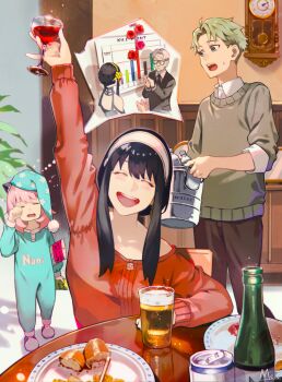 1boy 2girls :d absurdres alcohol anya_(spy_x_family) beer_mug black_hair blonde_hair blue_eyes bottle brown_pants bucket chart child clock closed_eyes collared_shirt cup drinking_glass drunk food hair_bun hairpods highres holding holding_bucket holding_cup indoors kyuuba_melo long_hair looking_at_another mind_reading mug multiple_girls off-shoulder_sweater off_shoulder open_mouth pants pink_hair plant red_sweater rubbing_eyes shirt short_hair sleepwear sleepy smile speech_bubble spy_x_family sweatdrop sweater table teeth thought_bubble twilight_(spy_x_family) upper_teeth_only wall_clock water_bottle white_shirt wine_glass yor_briar