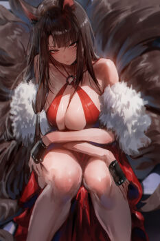 1girl absurdres akagi_(azur_lane) alternate_costume animal_ears azur_lane bare_shoulders black_hair blush breasts closed_mouth dress feet_out_of_frame fox_ears fox_girl fox_tail highres large_breasts long_hair looking_at_viewer multiple_tails red_dress red_eyes rororo sitting solo tail