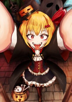 3girls absurdres alternate_costume bad_id bad_pixiv_id bat_hair_ornament black_jacket black_skirt blonde_hair bone brown_hat brown_shoes cirno daiyousei detached_wings foreshortening frilled_skirt frills ghost_costume green_hair hair_ornament halloween_bucket halloween_costume hat highres ice ice_wings jacket loafers looking_at_viewer multiple_girls open_clothes open_jacket open_mouth outdoors pantyhose red_eyes red_pantyhose rumia sharp_teeth shoes skirt skull solo stone_floor teeth touhou upper_teeth_only wings yama_kabosu yukkuri_shiteitte_ne