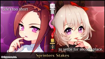 2girls alternate_language animal_ears bow brown_hair commentary cosmetics curren_chan_(umamusume) ear_bow ear_covers english_commentary english_text finger_to_mouth flower_in_eye grey_hair hairband horse_ears horse_girl lipstick lipstick_tube long_hair looking_at_viewer makeup multiple_girls official_art orange_hairband pink_lips ponytail purple_eyes red_bow red_lips sakura_bakushin_o_(umamusume) short_hair symbol_in_eye umamusume upper_body