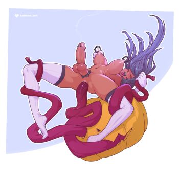 1futa artist_name breasts closed_eyes dark_skin erection full_body futa_without_pussy futanari highres jack-o&#039;-lantern large_breasts large_penis medium_penis nipple_piercing nipple_stimulation nipple_tweak original penis penis_piercing penis_tentacle piercing purple_hair spiked_cock_ring tailbox tentacles testicles