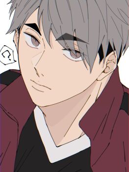Rule 34 | 1boy, ?, black hair, black shirt, brown eyes, closed mouth, collared jacket, commentary request, grey hair, haikyuu!!, jacket, looking at viewer, male focus, miya osamu, multicolored hair, ponkotmtm, popped collar, portrait, red jacket, shirt, short sideburns, solo, speech bubble, spoken question mark, two-tone hair, v-neck