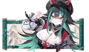 1girl bihyung_(black_survival) black_hair black_survival breasts closed_mouth eternal_return:_black_survival green_hair hair_between_eyes highres large_breasts light_smile long_hair multicolored_hair solo two-tone_hair v white_background yellow_eyes yuchan_00001