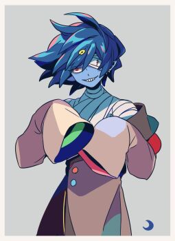 1boy bandage_over_one_eye bemani blue_hair blue_skin border coat colored_skin commentary_request grey_background grey_coat grid_teeth highres long_sleeves looking_at_viewer male_focus mizuki_tsukimori pop&#039;n_music red_eyes short_hair simple_background sleeves_past_fingers sleeves_past_wrists smile_(pop&#039;n_music) solo white_border