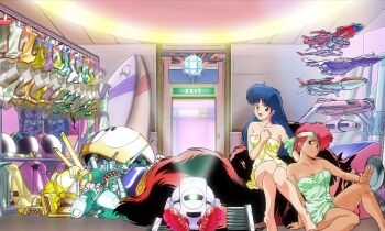 1980s_(style) 2girls :d animal armor barefoot blue_eyes blue_hair breasts cleavage closed_mouth clothes_hanger clothes_rack commentary dark-skinned_female dark_skin dirty_pair dokite_tsukasa feet hand_up headband helmet highres indoors kei_(dirty_pair) knee_up long_hair looking_at_viewer medium_breasts missile_pod model model_spacecraft mughi multiple_girls naked_towel nanmo non-humanoid_robot nude official_art oldschool one-eyed open_mouth red_eyes red_fur red_hair retro_artstyle robot rocket_launcher shirt short_hair shorts sitting sitting_on_animal smile space_helmet spacesuit surfboard towel unworn_armor unworn_headwear unworn_helmet unworn_shirt unworn_shorts weapon white_eyes white_headband yellow_armor yuri_(dirty_pair)
