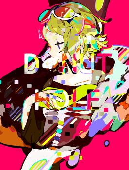Rule 34 | 1girl, abstract, alternate costume, black shirt, blue eyes, colorful, donut, donut hole (vocaloid), english text, food, food in mouth, goggles, goggles on head, green hair, gumi, hand up, highres, looking to the side, n79oqc3yja6jlof, profile, red background, shirt, short hair, sidelocks, single bare shoulder, solo, upper body, wide sleeves