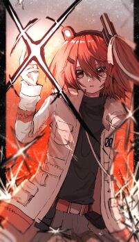 1girl a.i._voice adachi_rei belt belt_pouch black_shirt blurry coat cowboy_shot depth_of_field gloves gojou&#039;s_imaginary_technique grey_skirt hair_ornament hair_ribbon hairclip headphones high_collar highres l_mipa long_sleeves one_side_up open_clothes open_coat orange_hair parted_lips pouch red_eyes ribbon shirt shirt_tucked_in short_hair skirt solo utau white_coat white_gloves