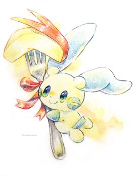 animal_focus apple_rabbit blue_eyes closed_mouth colored_pencil_(medium) food food_art fork full_body gen_3_pokemon highres minun nintendo no_humans non_(kumakawayusu) pokemon pokemon_(creature) red_ribbon ribbon simple_background smile solo traditional_media white_background