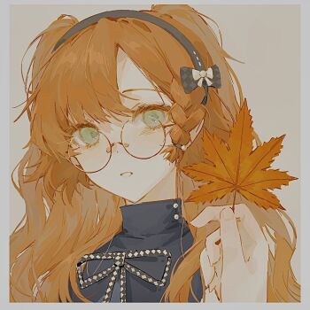 1girl 1other autumn_leaves black_hairband blue_dress border checkered_ribbon dress glasses green_eyes grey_background grey_border hairband holding holding_leaf leaf long_hair looking_at_viewer maple_leaf neck_ribbon official_alternate_costume orange_hair parted_lips portrait pov pov_hands reverse:1999 ribbon round_eyewear solo_focus sonetto_(emotion_in_tranquility)_(reverse:1999) sonetto_(reverse:1999) two_side_up xy_mt2528