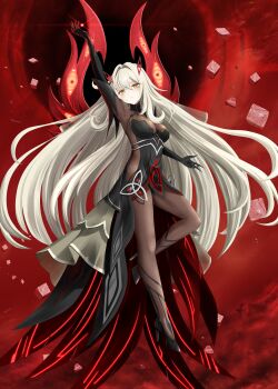 1girl absurdres arm_up black_bodystocking black_claws black_dress black_hands black_shoes breasts closed_mouth colored_extremities commentary_request covered_armpit cube dress elsolyma expressionless eye_hair_ornament eye_symbol eyes_on_wings full_body genshin_impact hair_between_eyes hair_intakes hair_ornament high_heels highres large_breasts long_hair looking_at_viewer making-of_available powering_up pumps red_wings ronova_(genshin_impact) shoes solo symbol-shaped_pupils very_long_hair white_hair wings yellow_eyes