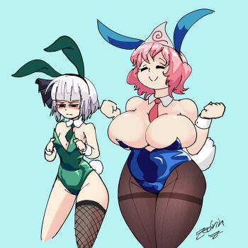 2girls animal_ears breasts bursting_breasts fake_animal_ears female_focus fishnet_thighhighs fishnets highres huge_breasts konpaku_youmu large_breasts multiple_girls pink_hair playboy_bunny rabbit_ears saigyouji_yuyuko short_hair thick_thighs thighhighs thighs touhou white_hair white_wrist_cuffs wrist_cuffs zedrin