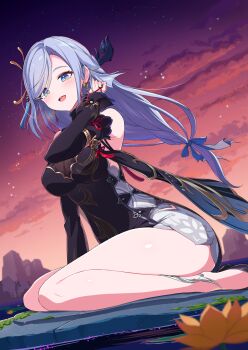 1girl bare_shoulders black_dress black_sleeves blue_eyes blush breasts cleavage commentary_request detached_sleeves dress genshin_impact grey_hair hair_ornament hand_up highres kamuraaa_615 long_hair looking_at_viewer medium_breasts official_alternate_costume open_mouth see-through_cleavage see-through_clothes seiza shenhe_(frostflower_dew)_(genshin_impact) shenhe_(genshin_impact) sitting sleeveless sleeveless_dress solo very_long_hair