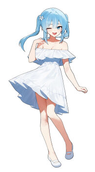 1girl arahashi_tabi bare_shoulders blue_eyes blue_hair breasts casual cleavage dress floating_hair full_body hair_ornament hashtag-only_commentary highres huhi_(huhi_1211) long_hair looking_at_viewer one_eye_closed shoes simple_background smile solo standing stellive teeth twintails upper_teeth_only virtual_youtuber white_background white_shoes