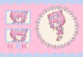 1girl :o argyle_background arm_cutout backpack bag belt blue_bag blue_border blue_bow border bow bow_legwear braid checkered_clothes checkered_dress chibi chinese_commentary close-up clothing_cutout cloud_print commentary_request cone_hair_bun copyright_name double_bun dress dress_ribbon eyewear_on_head fox39367 hair_bun hair_ornament heart heart-shaped_eyewear highres holding holding_bag infinity_nikki leg_warmers letterboxed light_blush looking_ahead multicolored_hair multiple_expressions nikki_(series) one_eye_closed open_mouth orange-tinted_eyewear outline pinafore_dress pink_arm_warmers pink_background pink_belt pink_dress pink_eyes pink_hair pink_leg_warmers pink_shoes pleated_dress polka_dot_border print_dress rainbow_print ribbon ribbon_legwear shirt shoes short_dress short_hair_with_long_locks short_sleeves side_braids sleeveless sleeveless_dress smile sneakers standing star-shaped_bag star_(symbol) star_hair_ornament streaked_hair sunglasses sweet_rhapsody_(infinity_nikki) t-shirt tinted_eyewear twin_braids white-framed_eyewear white_ribbon white_shirt y2k_fashion yellow_outline