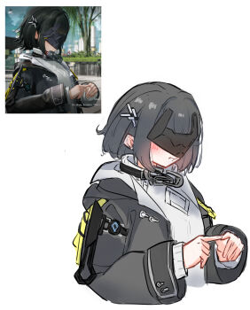 1girl 3: absurdres arknights arknights:_endfield black_coat black_hair bob_cut coat commentary endministrator_(arknights) eye_mask female_endministrator_(arknights) frown game_screenshot_inset hair_ornament hashtag-only_commentary highres index_fingers_together long_sleeves mask medium_hair onryou open_clothes open_coat reference_inset screenshot_inset simple_background solo sweater turtleneck turtleneck_sweater white_background white_sweater