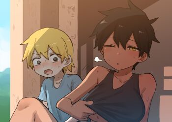 1boy 1girl black_eyes black_hair blush breasts clothes_lift highres kurobe_natsumi large_breasts looking_at_breasts mole mole_under_eye one_eye_closed sakurai_yuuto_(senpai_ga_uzai) self_exposure senpai_ga_uzai_kouhai_no_hanashi shiromanta shirt shirt_lift short_hair singlet slit_pupils staring sweat t-shirt tan yellow_eyes