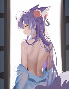 1girl ahoge animal_ear_fluff animal_ears closed_mouth commentary_request cowboy_shot expressionless fox_ears fox_girl from_behind hair_ornament hair_rings highres ihayun813390333 korean_commentary long_hair looking_at_viewer looking_back median_furrow pom_pom_(clothes) pom_pom_hair_ornament profile purple_hair shirt_partially_removed solo standing stellive straight_hair sweat tenko_shibuki topless_female turning_head virtual_youtuber yellow_eyes