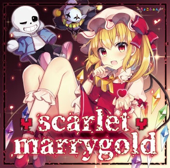1girl 2boys :d ;) album_cover album_name arm_up ascot back_bow black_pants blonde_hair blue_jacket blush bow breasts buckle buttons chibi clown clown_boy collar colored_tongue commentary_request cover crossover crystal deltarune dress_bow eyes_visible_through_hair fang fangs finger_to_mouth fingernails flandre_scarlet frilled_shirt_collar frilled_skirt frills grin hair_between_eyes hand_in_pocket hand_up hat hat_bow hat_ribbon heart highres hood hooded_jacket hoodie jacket jester jester_boy jester_cap jevil jumping long_sleeves looking_at_viewer medium_breasts mob_cap multicolored_wings multiple_boys neck_ruff one_eye_closed one_side_up open_mouth pants petals puffy_short_sleeves puffy_sleeves purple_tongue red_bow red_eyes red_footwear red_ribbon red_skirt red_vest ribbon ruhika sans_(undertale) sharp_teeth shirt shoes short_hair short_sleeves side_ponytail skeleton skirt skirt_set slippers small_breasts smile sparkle teeth thighs touhou undertale utdr_(toby_fox) vest white_bow white_headwear white_shirt wings wrist_cuffs yellow_ascot