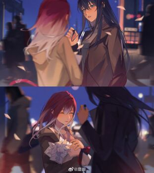 2girls absurdres black_background blue_eyes blue_hair blurry blurry_background blurry_foreground bouquet brown_coat closed_eyes coat collared_coat commentary_request ear_piercing earphones falling_petals flower highres holding holding_bouquet holding_earphones hood hooded_coat long_hair looking_at_another miix777 multiple_girls open_clothes open_coat parted_lips path_to_nowhere petals piercing pink_shirt rahu_(path_to_nowhere) red_hair scar scar_across_eye scar_on_face shalom_(path_to_nowhere) shirt smile split_screen sweater turtleneck turtleneck_sweater yuri