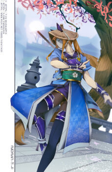 1girl absurdres animal_ears armor black_pantyhose black_thighhighs blue_kimono bracer breastplate brown_hair ears_through_headwear for_honor grass_wonder_(umamusume) green_sash hat highres holding holding_polearm holding_weapon horse_ears horse_girl japanese_armor japanese_clothes kimono long_hair mask nobushi_(cosplay)_(for_honor) nobushi_(for_honor) obi pantyhose polearm ponytail sash short_sleeves sidelocks solo standing standing_on_one_leg straw_hat suneate thighhighs umamusume weapon wista