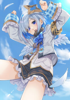 1girl aiguillette amane_kanata amane_kanata_(1st_costume) angel_wings armband black_skirt blue_bow blue_bowtie blue_hair blue_sky bob_cut bow bowtie colored_inner_hair commentary_request cropped_jacket day falling_feathers feathered_wings feathers frilled_skirt frills from_below grey_hair grey_jacket hair_over_one_eye halo hands_up hololive jacket long_sleeves looking_at_viewer mini_wings miniskirt miri_(ago550421) multicolored_hair open_mouth outdoors pink_hair purple_eyes sailor_collar shirt short_hair single_hair_intake skirt sky sleeve_cuffs sleeves_past_wrists solo star_halo streaked_hair teeth tilted_halo upper_teeth_only virtual_youtuber white_sailor_collar white_shirt white_wings wings