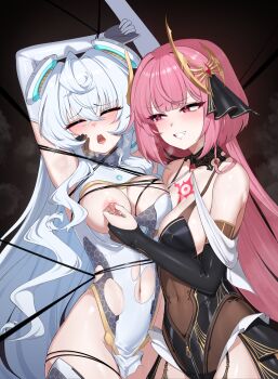 2girls absurdres ahoge armpit_crease armpits arms_up bdsm belly black_background black_leotard black_thighhighs blue_hair blush bondage boots bound bound_arms bound_legs bound_torso breasts breasts_out breath chest_tattoo cleavage clenched_teeth closed_eyes clothing_cutout collared_leotard counter:side covered_navel crest crossed_bangs dark_background detached_collar detached_sleeves drooling elbow_gloves female_focus fingerless_gloves garter_straps gloves gold gold_trim grabbing_another&#039;s_breast grabbing_another&#039;s_nipples groping groping_breast hair_between_eyes hair_ornament hair_ribbon highleg highleg_leotard highres honeycomb_(pattern) horizon_(counter:side) large_breasts legs legs_together leotard lewd_crest long_hair looking_at_another looking_to_the_side molestation multiple_girls navel nipple_stimulation nipples one_breast_out open_mouth p03145 partially_fingerless_gloves pelvic_curtain pink_hair red_background red_eyes restrained revealing_clothes ribbon saliva saliva_trail seductive_gaze seductive_smile see-through_clothes see-through_leotard shena_(counter:side) sidelocks simple_background skin_tight skindentation smile steam steaming_body sweat sweatdrop tattoo teeth thigh_boots thighhighs thighs tongue torn_clothes torn_leotard very_long_hair white_leotard white_thighhighs wince yuri