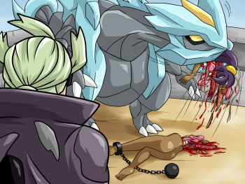 1boy 1girl absurdres ass bad_end ball_and_chain_restraint barefoot blood dark-skinned_female dark_skin death defeat dragon eating feet gen_5_pokemon ghetsis_(pokemon) guro hard_vore highres iris_(pokemon) krlitosss kyurem legendary_pokemon nintendo nude organs pokemon pokemon_(creature) pokemon_bw2 snuff vore