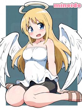 Rule 34 | 1other, angel, angel wings, artist name, bike shorts, black shorts, blonde hair, blue eyes, blush, breasts, broken halo, crimvael, dress, eyebrows hidden by hair, full body, halo, highres, ishuzoku reviewers, large breasts, long hair, looking to the side, minoido, open mouth, sandals, shorts, simple background, sitting, smile, solo, wariza, white dress, wings