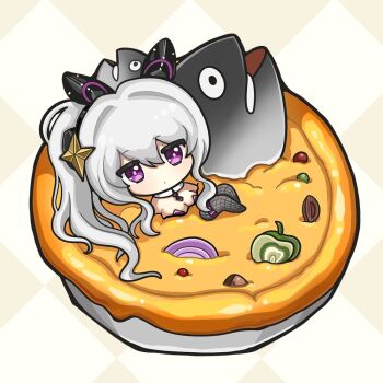 1girl animal_ear_hairband animal_ears argyle_background azur_lane bare_shoulders bell_pepper black_hairband black_necktie black_pantyhose breasts bright_pupils character_request chibi closed_mouth collar commentary detached_collar english_commentary expressionless fake_animal_ears fish_(food) fishnet_pantyhose fishnets food hair_ornament hairband in_food large_breasts leotard light_blush long_hair looking_at_viewer low_neckline nailao_si_ka_bing necktie no_shoes official_alternate_costume official_art onion pantyhose pie playboy_bunny purple_eyes purple_leotard rabbit_ear_hairband rabbit_ears second-party_source side_ponytail sidelocks solo star_(symbol) star_hair_ornament stargazy_pie strapless strapless_leotard thigh_strap wavy_hair white_background white_collar white_hair white_pupils