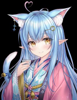 1girl ahoge animal_ear_fluff animal_ears bell black_background blue_hair blue_nails blush cat_ears cat_tail closed_mouth colored_tips commentary_request crescent crescent_hair_ornament cup ear_piercing elf extra_ears floral_print hair_between_eyes hair_ornament hairclip hakama hand_up heart heart_ahoge highres holding holding_cup hololive japanese_clothes jingle_bell kimono long_hair long_sleeves looking_at_viewer mirukurim multicolored_hair obi official_alternate_hairstyle piercing pink_hakama pointy_ears print_kimono ribbon sash smile solo streaked_hair tail tail_bell tail_ornament tail_ribbon very_long_hair virtual_youtuber wide_sleeves yellow_eyes yukihana_lamy yukihana_lamy_(new_year)