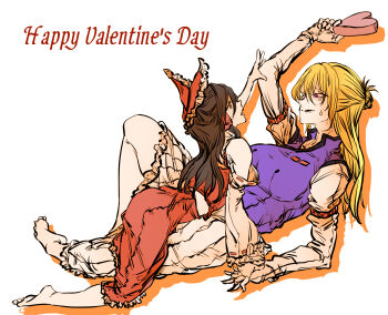 2girls arm_belt bare_shoulders black_hair blonde_hair bow box detached_sleeves dress frilled_bow frilled_dress frills gift hair_between_eyes hair_bow hair_tubes hakurei_reimu half_up_bun happy_valentine high_heels highres holding holding_box holding_gift kyanduru long_hair long_sleeves looking_at_another multiple_girls parted_lips puffy_sleeves purple_eyes purple_tabard reaching red_bow red_eyes red_shirt red_skirt shirt simple_background size_difference skirt sleeveless sleeveless_shirt sweatdrop tabard touhou very_long_hair white_background white_dress yakumo_yukari yuri