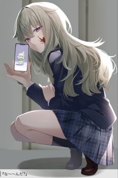 1girl black_socks blazer blood blood_on_cheek blood_on_face blue_jacket blue_skirt brown_shoes cellphone cellphone_photo closed_mouth expressionless from_side full_body green_hair hair_between_eyes hair_flaps hand_up highres hito_mania_(utau) holding holding_phone jacket kamiyama_high_school_uniform_(project_sekai) kneehighs kusanagi_nene loafers long_hair long_sleeves looking_at_viewer low-tied_sidelocks nenerobo phone plaid_clothes plaid_skirt pleated_skirt project_sekai purple_eyes school_uniform shadow shirt shoes sidelocks skirt smartphone socks solo_focus squatting translated turning_head wanderlands_k white_shirt