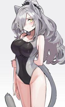 1girl animal_ears arknights arm_behind_back black_one-piece_swimsuit blush breasts cat_ears cat_girl cat_tail closed_mouth commentary_request competition_swimsuit eyes_visible_through_hair gradient_background grey_background grey_hair hair_ornament hair_over_one_eye highres large_breasts long_hair looking_at_viewer one-piece_swimsuit ponytail revision schwarz_(arknights) solo solokitsune standing swimsuit tail thighs yellow_eyes