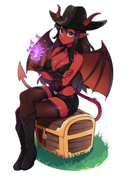 1girl black_boots black_bra black_gloves black_hair black_hat black_shorts black_thighhighs blue_eyes boots bra breasts cleavage closed_mouth collarbone commentary commission crossed_legs demon_girl demon_horns demon_tail demon_wings elbow_gloves english_commentary fire full_body gloves hat highres horns knee_boots large_breasts long_hair looking_at_viewer oninuer original pointy_ears purple_fire pyrokinesis red_hair short_shorts shorts simple_background single_glove sitting sitting_on_object solo tail thighhighs treasure_chest underwear white_background wings