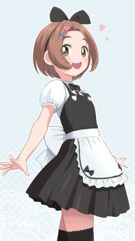 Rule 34 | 1girl, :d, apron, back bow, black bow, black bowtie, black dress, black hairband, black thighhighs, bow, bow hairband, bowtie, brown eyes, brown hair, center frills, collared shirt, commentary request, dress, dress shirt, eyes visible through hair, frilled apron, frills, hair bow, hair ornament, hairband, heart, heart hair ornament, highres, idolmaster, idolmaster cinderella girls, looking at viewer, maid, open mouth, outline, parted bangs, pinafore dress, puffy short sleeves, puffy sleeves, ryuzaki kaoru, shirt, short hair, short sleeves, sleeveless, sleeveless dress, smile, solo, teeth, thighhighs, upper teeth only, white apron, white bow, white outline, white shirt, yama tatsuo