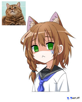:&lt; absurdres animal_ear_fluff animal_ears black_sailor_collar blue_necktie braid brown_hair cat cat_ears cat_girl commission disgust extra_ears green_eyes highres looking_at_viewer necktie nisp_art no_pupils original sailor_collar school_uniform shaded_face shirt single_braid watermark white_shirt
