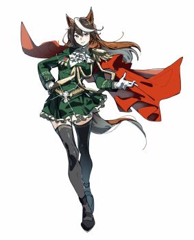 Rule 34 | 1girl, aiguillette, animal ears, ascot, black thighhighs, breasts, brown hair, buttons, cape, commentary, double-breasted, earrings, english commentary, epaulettes, full body, gloves, green jacket, green skirt, hair between eyes, highres, horse ears, horse girl, horse tail, jacket, jewelry, long hair, long sleeves, looking at viewer, medal, multicolored hair, ohayonabeno, parted lips, purple eyes, red cape, shirt, shoes, side cape, simple background, single earring, single epaulette, skirt, smile, streaked hair, symboli rudolf (emperor's path) (umamusume), symboli rudolf (umamusume), tail, thighhighs, umamusume, white ascot, white background, white gloves, white hair, zettai ryouiki