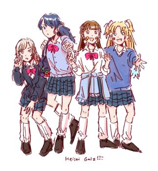 4girls :d alternate_costume bandaid bandaid_on_cheek bandaid_on_face black_sweater blonde_hair blue_cardigan blue_eyes blue_hair blue_skirt blue_sweater bow bowtie braid brown_hair brown_shoes cardigan cardigan_around_waist center-flap_bangs ceras_yanagida_lilienfeld claw_pose clothes_around_waist collarbone commentary_request fang flower full_body grey_hair gyaru gyaru_v hair_flower hair_ornament hair_ribbon half_updo heisei_gals!!!!_(love_live!) highres kachimachi_kosuzu kogal link!_like!_love_live! long_hair looking_at_viewer love_live! miniskirt mizoe multiple_girls murano_sayaka open_hand open_mouth osawa_rurino parted_bangs parted_lips pink_bow pink_bowtie pink_eyes pink_flower pink_ribbon pleated_skirt ribbon ruri&amp;to_(love_live!) shirt shoes side_braids simple_background skirt smile socks star_(symbol) sweater twintails v virtual_youtuber white_background white_shirt white_socks