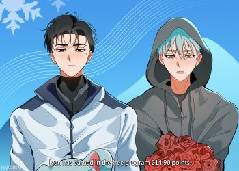 Rule 34 | 2boys, alien stage, artist name, black eyes, black hair, black shirt, blue background, bouquet, commentary, english commentary, english text, flower, green eyes, grey hair, grey hoodie, highres, holding, holding bouquet, hood, hood up, hoodie, ivan (alien stage), jacket, male focus, multiple boys, red flower, red pupils, red rose, rose, shirt, short hair, till (alien stage), turtleneck, turtleneck shirt, very short hair, white jacket, xnighten